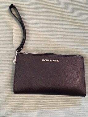 Michael Kors Black Saffiano Leather Wristlet Wallet with Silver Hardware
